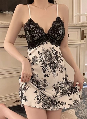 缎面性感深V睡衣法式豹纹印花高级感纯欲风吊带睡裙家居服