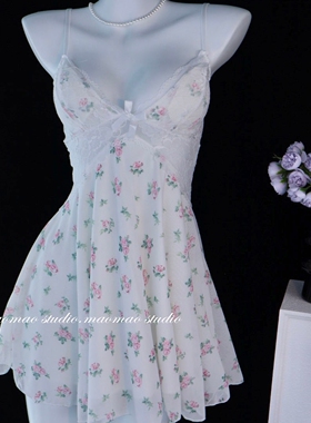 2025新款法式网纱碎花睡衣纯欲风小性感吊带睡裙带胸垫