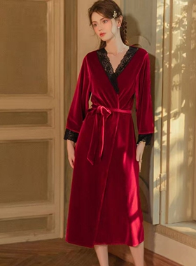 秋冬丝绒长款晨袍女新娘睡衣性感可外穿长袖睡袍浴袍冬季家居服