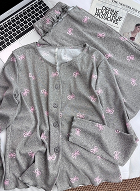 甜美蝴蝶结印花睡衣女秋冬季2025年新款长袖开衫高级感家居服套装