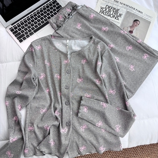 甜美蝴蝶结印花睡衣女秋冬季2025年新款长袖开衫高级感家居服套装