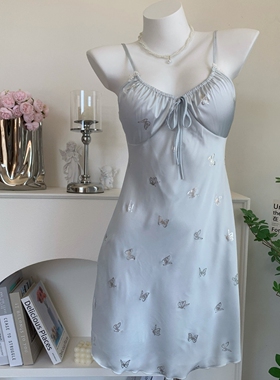 缎面烫金蝴蝶高级感蓝色吊带睡裙夏天性感带胸垫睡衣