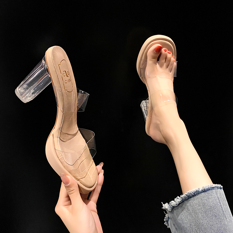 贝贝女透明性感气质水晶粗跟拖鞋