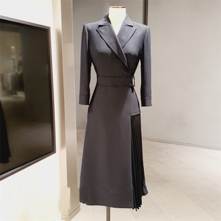 折扣韩国MICHAA美夏专柜宋慧乔同款西装领腰带收腰百褶边连衣裙