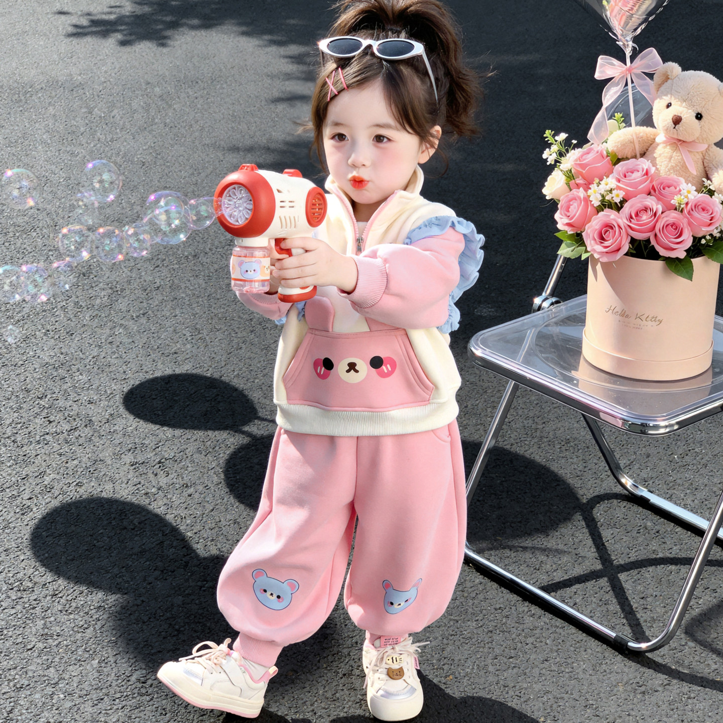 女童秋冬加绒加厚兔子卫衣两件套