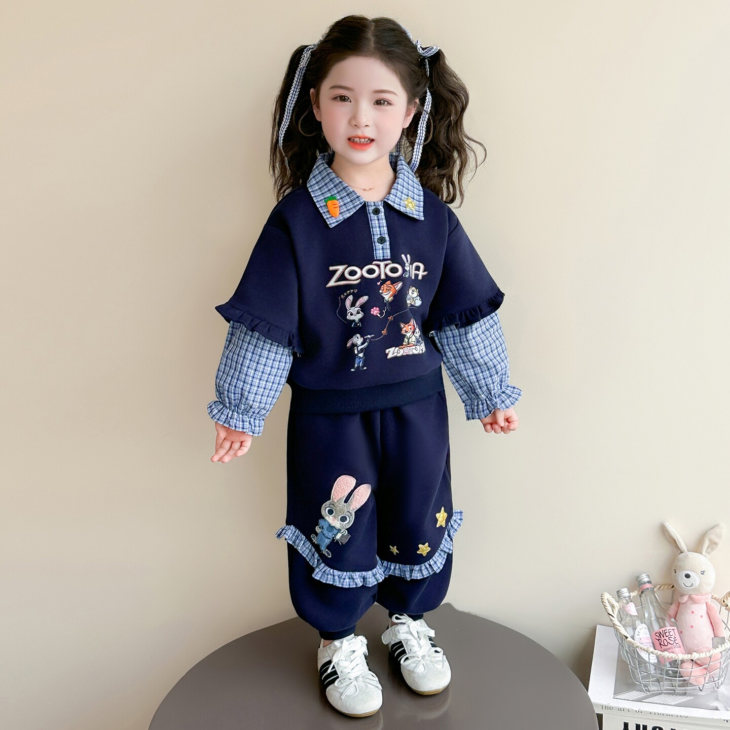 女童春季卡通兔子套装女宝宝春装格子卫衣两件套洋气时髦休闲春款