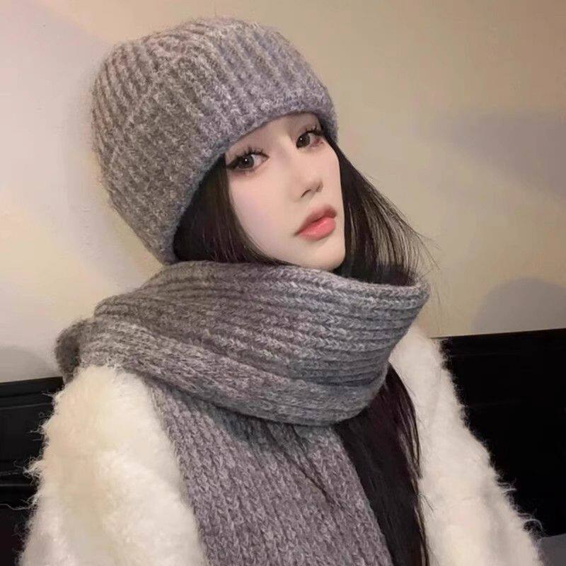 安可拉红纯色针织毛线帽子围巾两件套女冬季防风保暖时尚情侣围脖