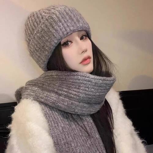 安可拉红纯色针织毛线帽子围巾两件套女冬季防风保暖时尚情侣围脖