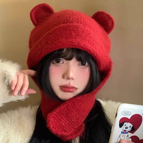 秋冬可爱小熊耳朵针织羊毛帽女大头围百搭显脸小护耳帽保暖帽子