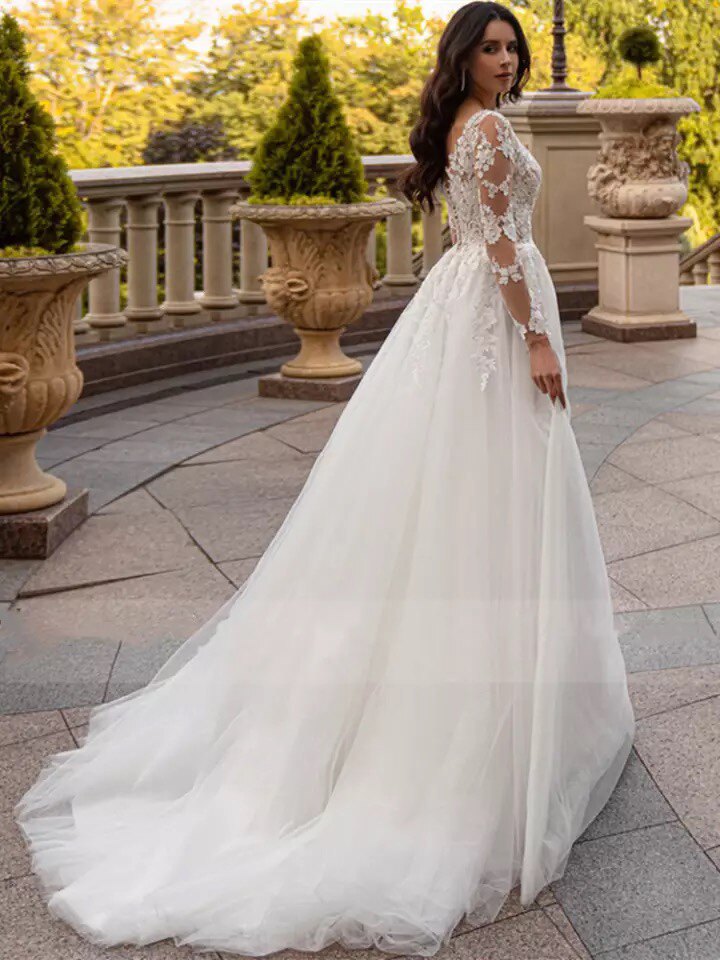 보헤미안 A 라인 긴 소매 웨딩 드레스 아플리케 신부