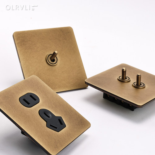olrvli黄铜复古拨杆开关民宿酒店古铜色做旧法式家用86型开关插座