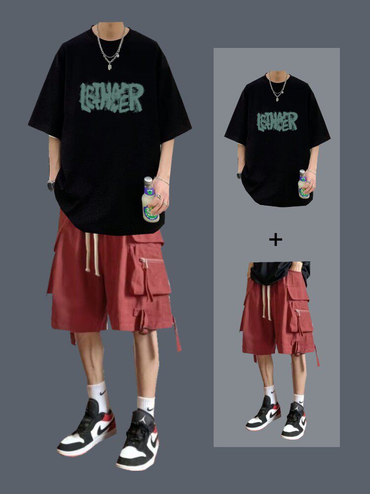 트렌디한 남성 정장 남아 여름 반팔 티셔츠 트렌디 브랜드 카고팬츠까지 세트 핸섬한 투피스 세트