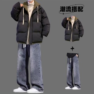 假两件棉服男款冬季加厚保暖外套青少年潮流帅气连帽棉衣休闲套装