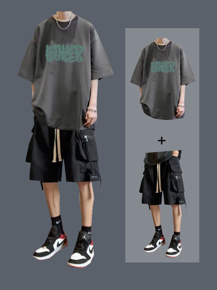 트렌디한 남성 정장 남아 여름 반팔 티셔츠 트렌디 브랜드 카고팬츠까지 세트 핸섬한 투피스 세트