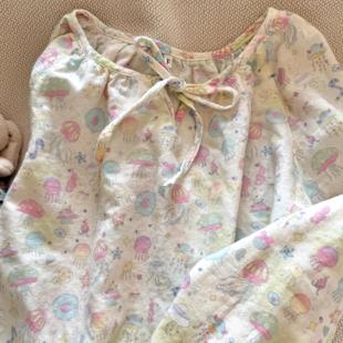 长袖睡裙A类100棉全棉双层纱睡衣纯棉纱布月子家居服亲肤透气卡通