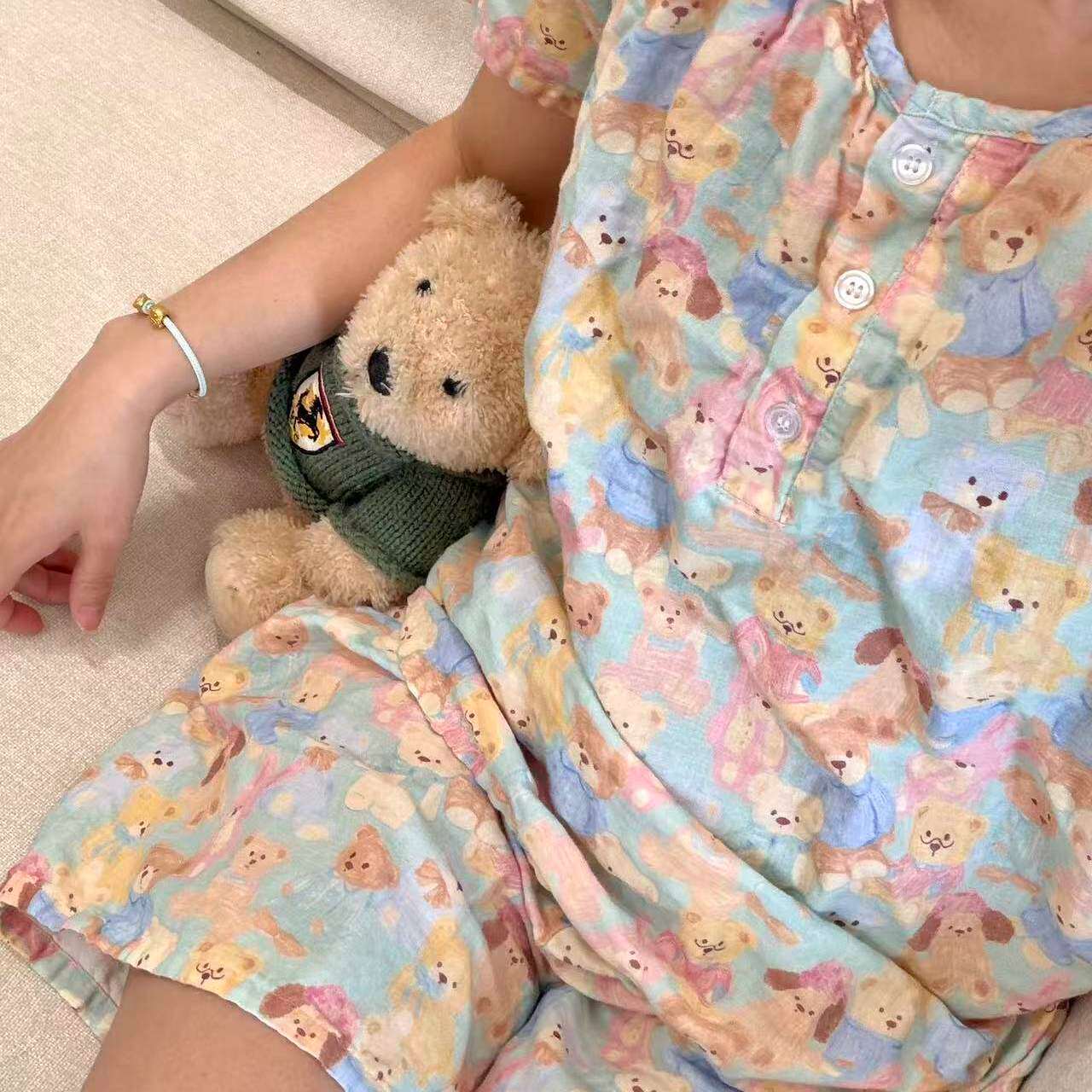 圆领短袖短裤100棉A类双层纱睡衣全棉纱布母婴级家居服卡通可爱风