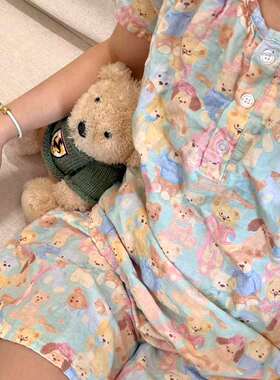 圆领短袖短裤100棉A类双层纱睡衣全棉纱布母婴级家居服卡通可爱风