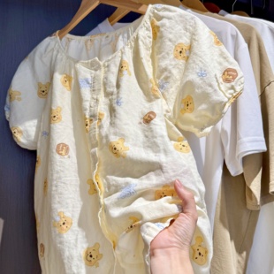 圆领短袖长裤100棉A类双层纱睡衣全棉纯棉纱布家居服套装短袖短裤