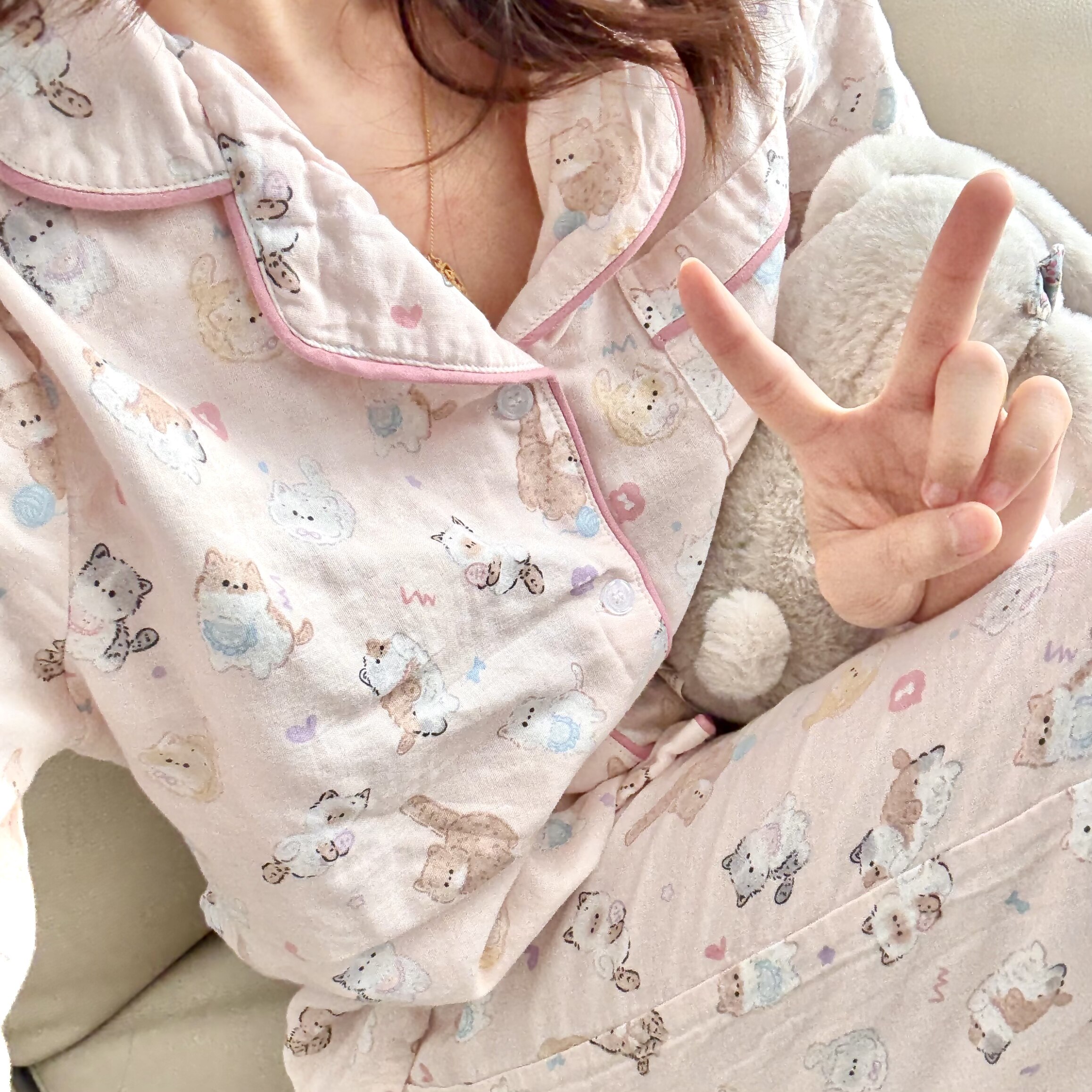 方领长袖长裤A类母婴级全棉双层纱睡衣套装卡通透气家居服