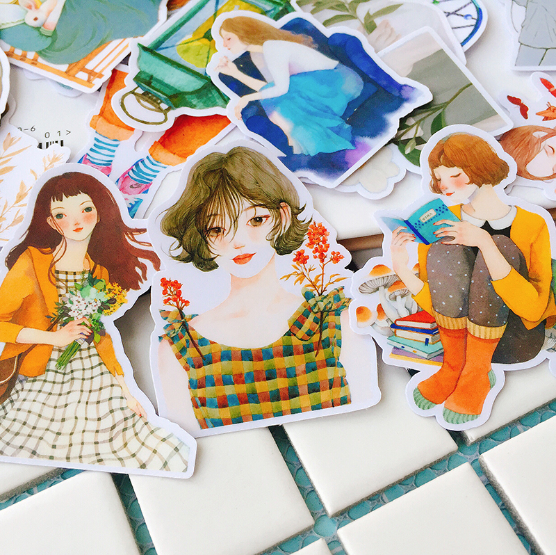 手帐贴纸自制水彩手绘日常人物女孩少女美好时光不干胶森系
