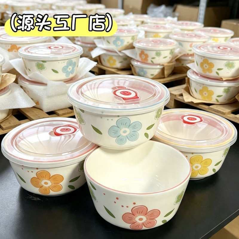 工厂直销 家用陶瓷繁花米饭碗保鲜盒高颜值上班族专用碗带盖打包