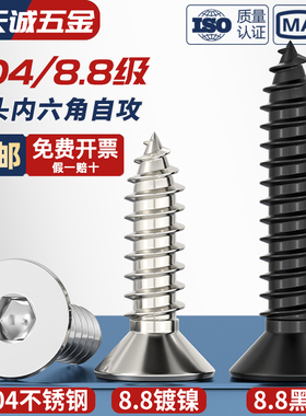 304不锈钢8.8级黑色镀镍平头内六角自攻螺丝沉头木螺丝钉M3M4M5M6