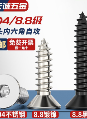 304不锈钢8.8级黑色镀镍平头内六角自攻螺丝沉头木螺丝钉M3M4M5M6