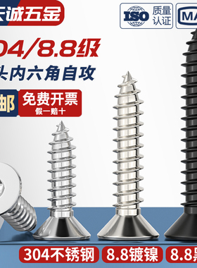 镀镍/黑色/304不锈钢8级高强度平头内六角自攻螺丝加长沉头木螺钉