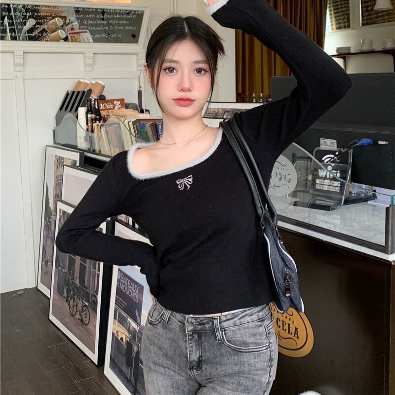秋冬德绒内搭修身显瘦短款t恤女长袖上衣气质蝴蝶结刺绣方领打底