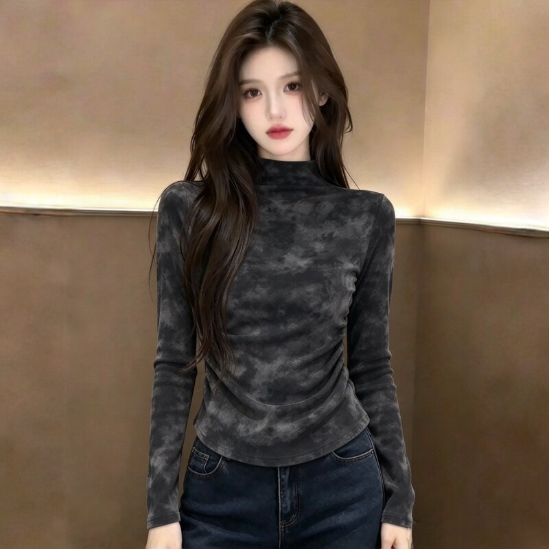 2026秋冬季新款半高领扎染褶皱收腰显瘦长袖t恤女德绒打底衫上衣