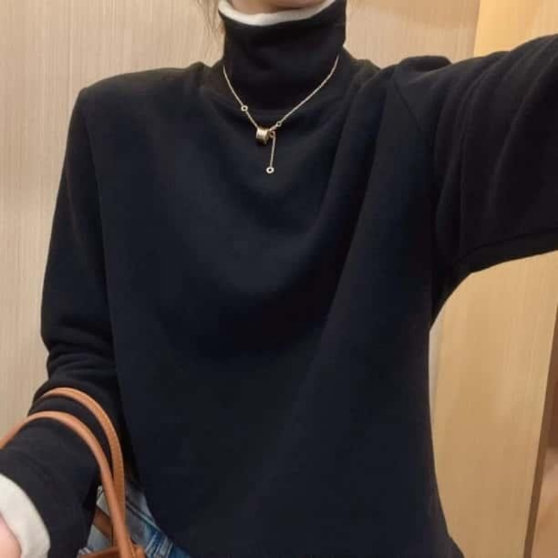 软糯半高领拼色磨毛德绒长袖T恤女秋冬气质百搭打底保暖显瘦上衣