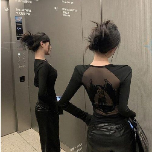 性感辣妹后背微透天使印花打底衫女春秋新款纯欲修身长袖T恤上衣