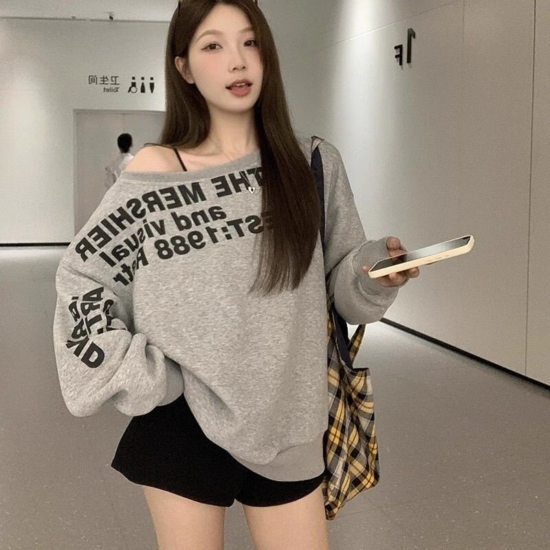 美式复古斜肩字母印花长袖卫衣女宽松慵懒风设计感春秋季休闲上衣