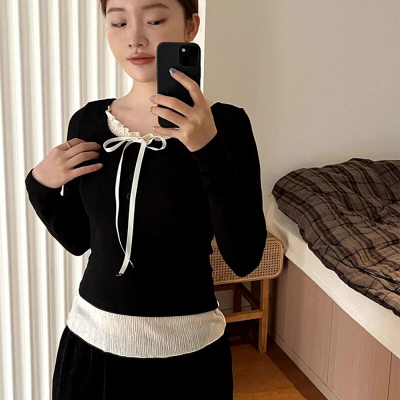 多巴胺森系系带上衣女2026春秋季假两件长袖撞色拼接减龄打底T恤