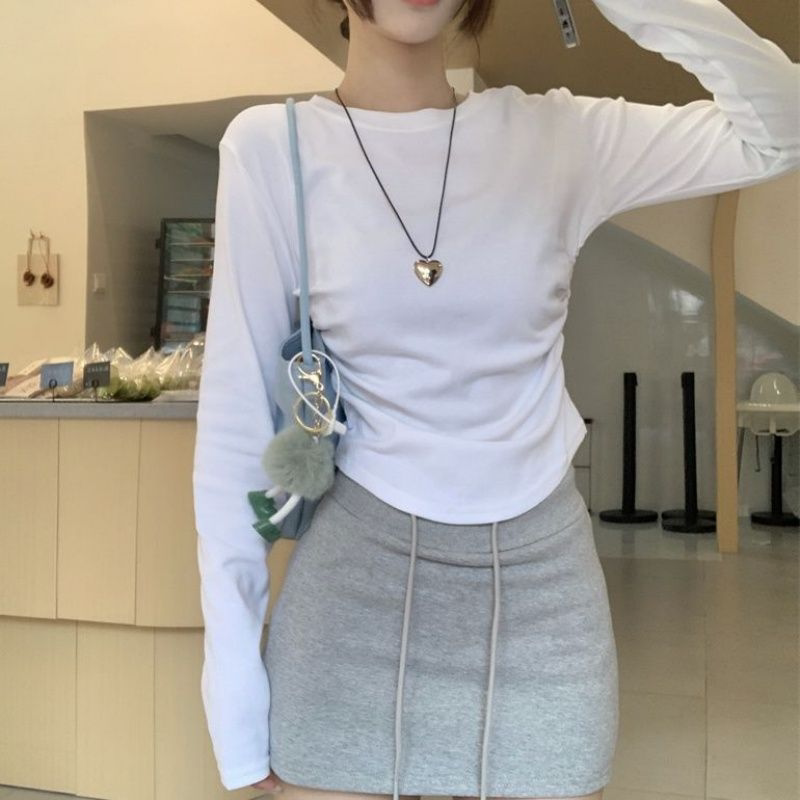 时尚圆领褶皱收腰百搭长袖t恤女秋冬季小众修身显瘦打底衫上衣潮