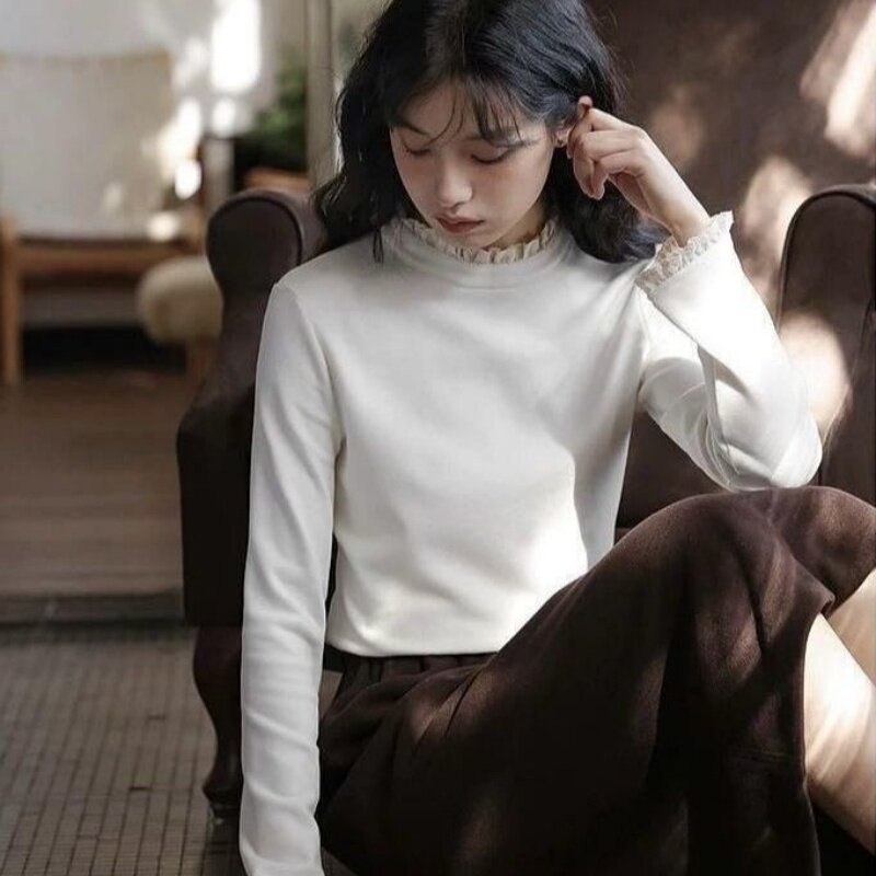 花边蕾丝打底衫白色德绒内搭圆领打底衫女2026秋冬季修身长袖t恤