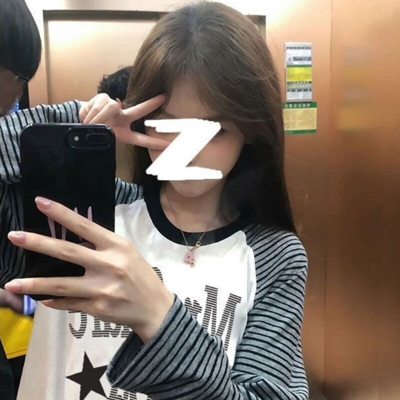2026美式撞色条纹长袖T恤女春秋小众设计感星星印花宽松打底上衣