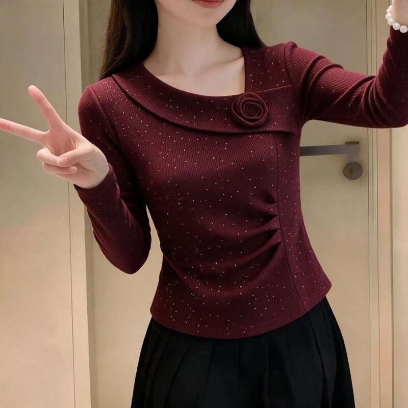 2026法式长袖t恤打底衫女早秋季立体玫瑰花褶皱修身上衣气质小衫