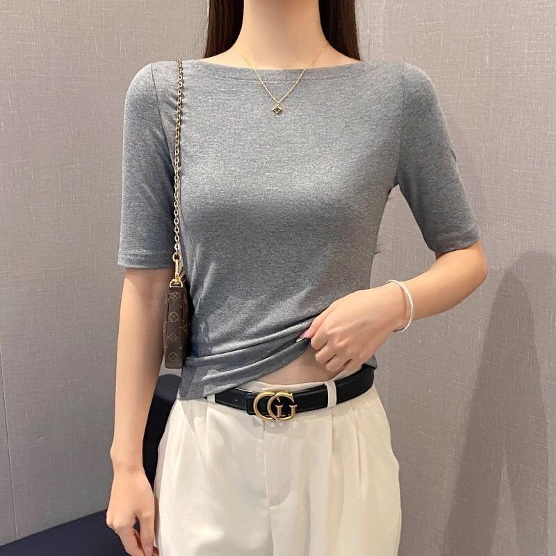 一字肩中袖t恤女2026夏季新款修身五分袖打底衫显瘦百搭半袖上衣