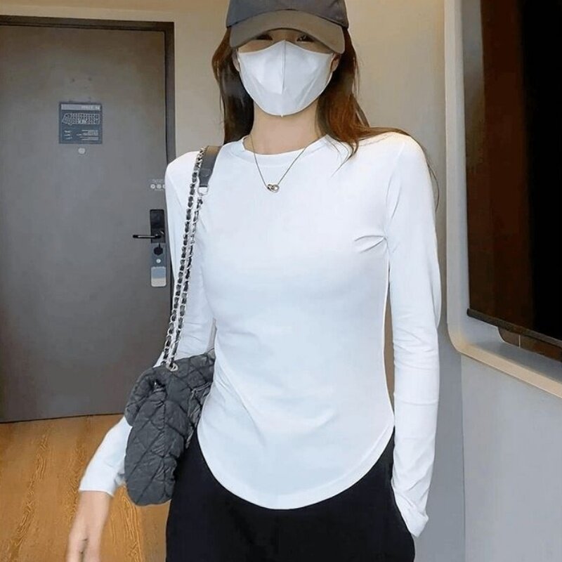 新款不规则弧形下摆纯色正肩长袖t恤女秋冬季德绒内搭打底衫上衣