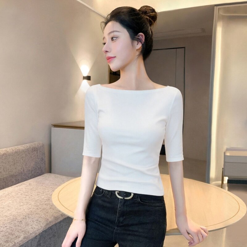 百搭一字领中袖t恤女春夏季新款修身显瘦外穿打底衫五分袖上衣潮