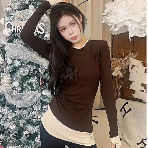 拼接假两件圆领打底衫女秋冬德绒磨毛修身中长款遮盖屁股内搭上衣