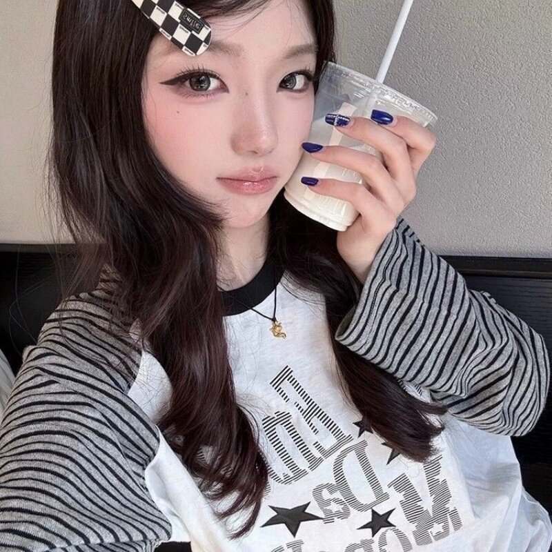 复古美式条纹星星印花长袖T恤女甜妹休闲穿搭春秋季宽松休闲上衣