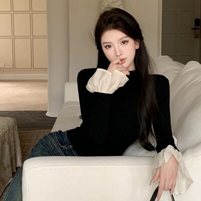 新款半高领打底衫女秋冬季显瘦内搭喇叭袖上衣德绒磨毛长袖T恤衫