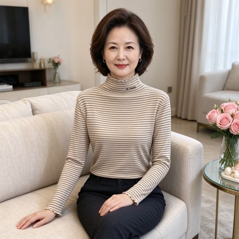 单/两件ins超火双面德绒条纹半高领内搭T恤女秋冬保暖打底衫上衣