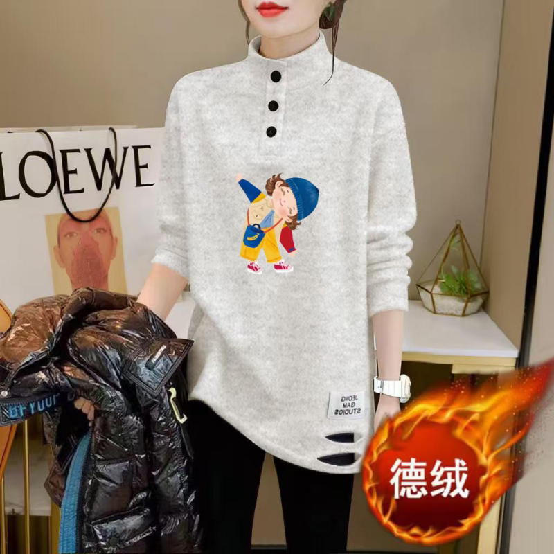 半高领卡通印花破洞纽扣长袖T恤女装秋季宽松设计感百搭上衣ins潮