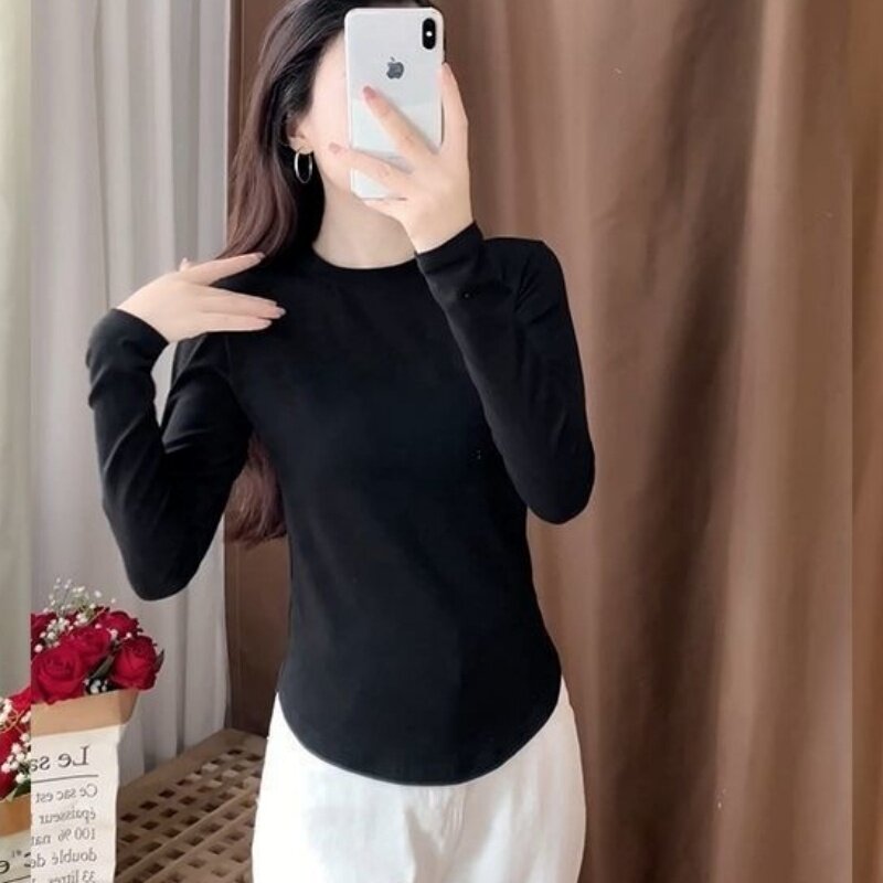 春秋冬季纯色长袖t恤女新款修身显瘦设计感德绒内搭打底衫ins上衣