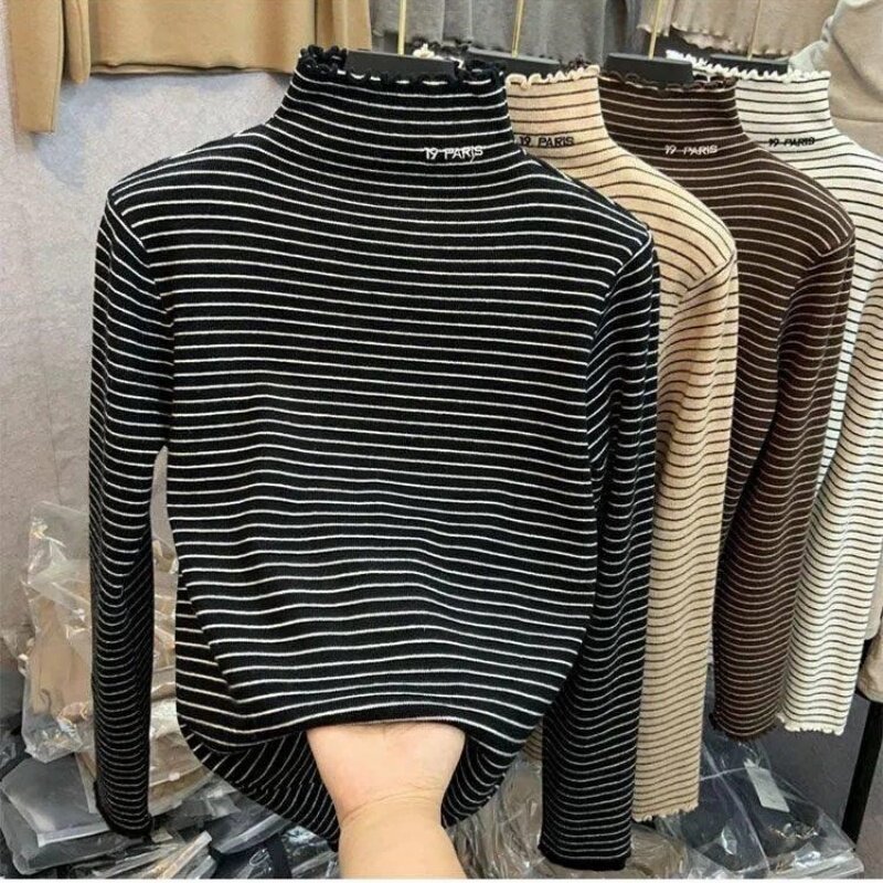 修身设计感半高领德绒打底衫上衣女秋冬撞色条纹小众潮流长袖T恤