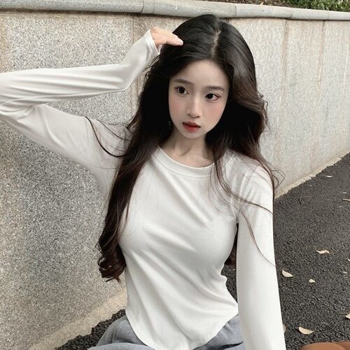 德绒内搭打底衫女秋冬新款长袖t恤正肩显瘦设计感不规则下摆上衣