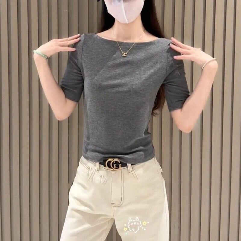 2026新款时尚半袖T恤女春夏季纯色简约一字肩显瘦百搭打底衫上衣